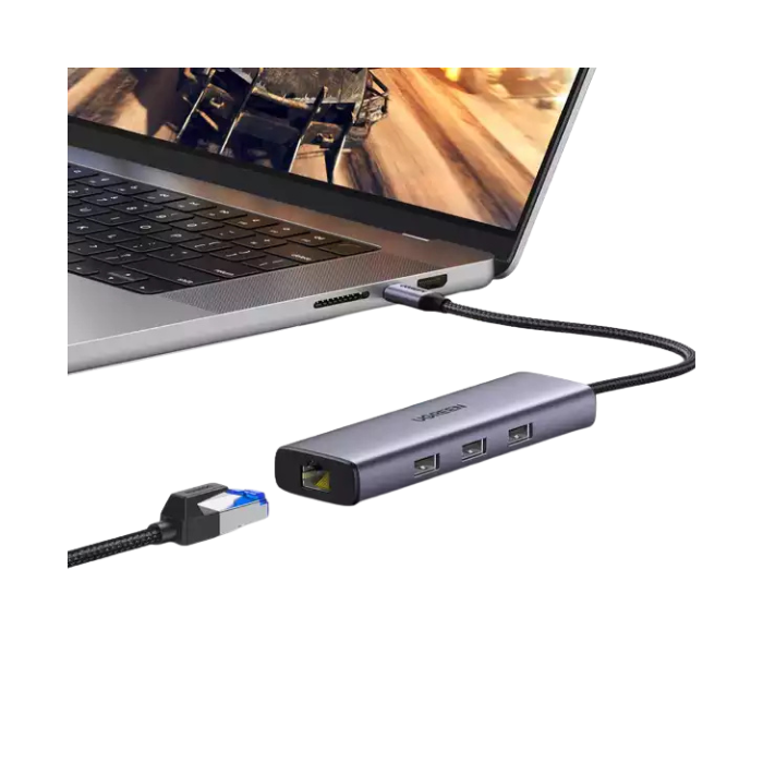 15598 USB-C To 3*USB 3.0 A+HDMI+RJ45+PD Converter 4K@30Hz with PD