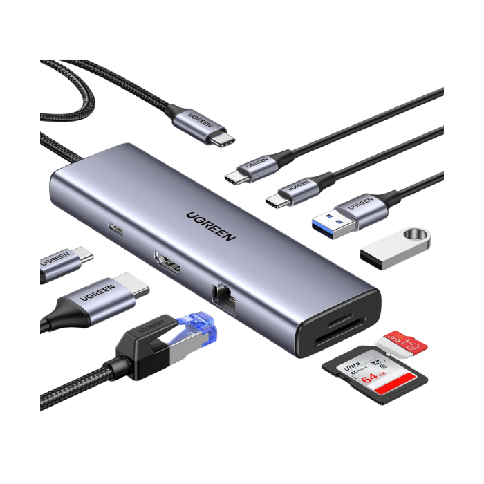 15375 USB-C to 2*USB3.0+2*USB- C+HDMI+RJ45+SD&TF +PD port Converter USB-A&C + 4K@60Hz with PD"