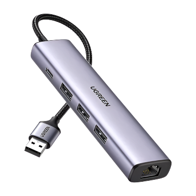 60554 UGREEN USB3.0 to 3Ã—USB3.0 +RJ45 (1000M) Ethernet Adapter Type-C Power Supply