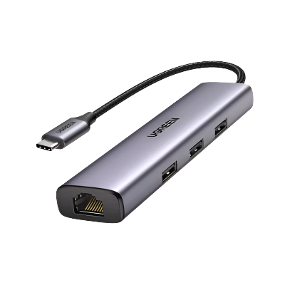 60600 UGREEN USB-C to 3Ã—USB3.0 Hub+RJ45 (1000M) Ethernet Adapter