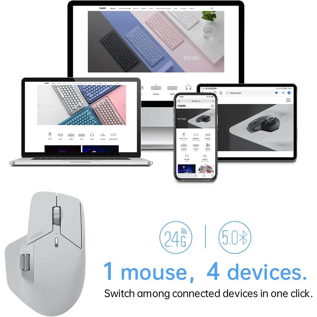 RAPOO MT760L Multi-mode Wireless Mouse  Grey White